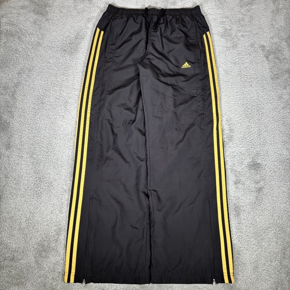 Vintage Adidas Track Pants Mens M Black Gold Striped Windbreaker Lined Baggy Y2K